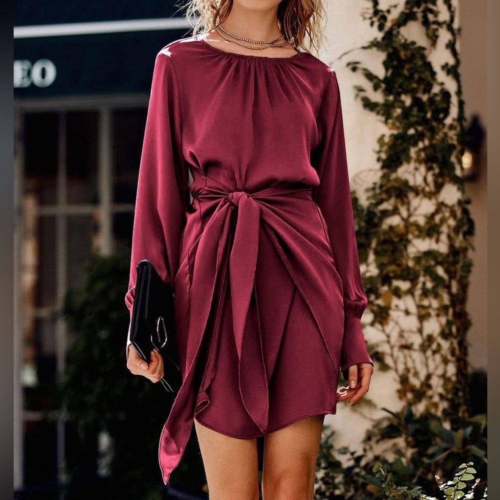 Large Wine Red Satin Long Sleeve Wrap Dress